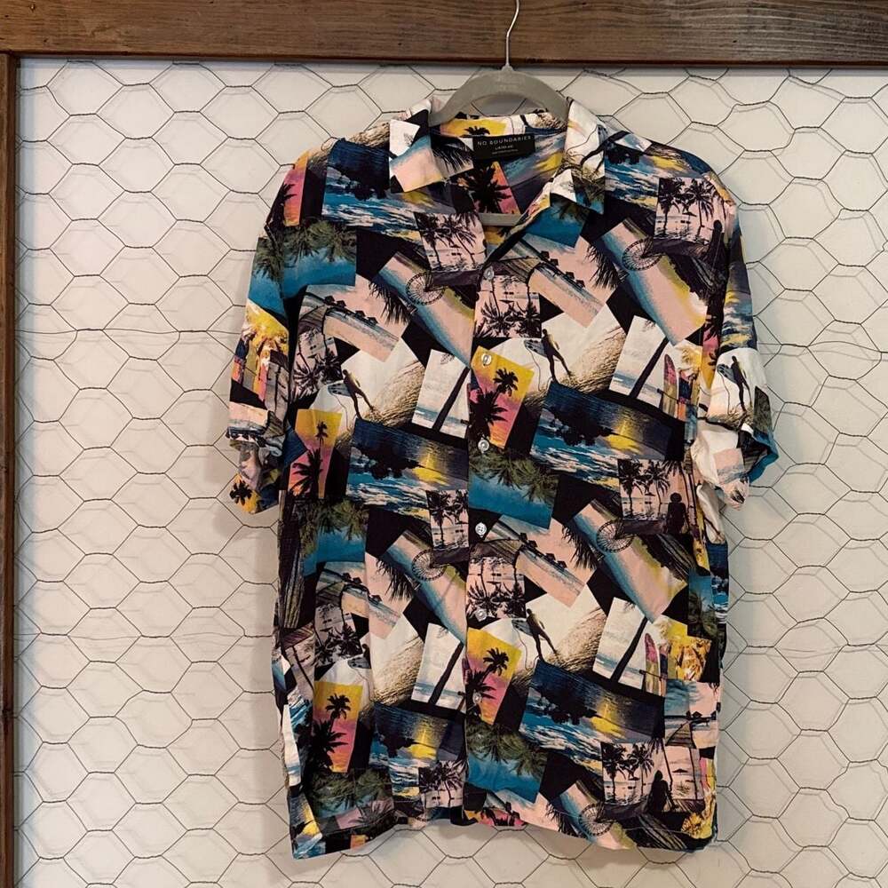 No Boundaries Men's Tropical Postcard Print Short Sleeve Rayon Button Down Shirt
